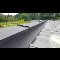 Szczegółowe ujęcie szarej, metalowej listwy okapowej na dachu z blachy trapezowej, z widocznymi nitami mocującymi i zielonym tłem drzew.