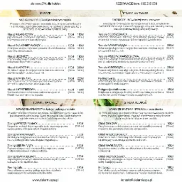 Menu SPA z ofertą masaży i terapii na twarz i ciało, z cenami i czasami trwania zabiegów.