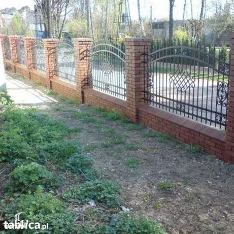 Długi, niski mur z cegły z przęsłami z kutego żelaza, tworzący ogrodzenie posesji, widoczne zarośla i drzewa w tle.