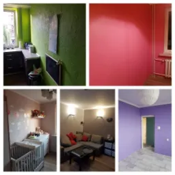 Kolaż pięciu zdjęć przedstawiających wnętrza pomalowane na różne kolory: zielony, różowy, beżowy, fioletowy i jasnoróżowy, ukazujące różnorodność aranżacji i wykończeń.
