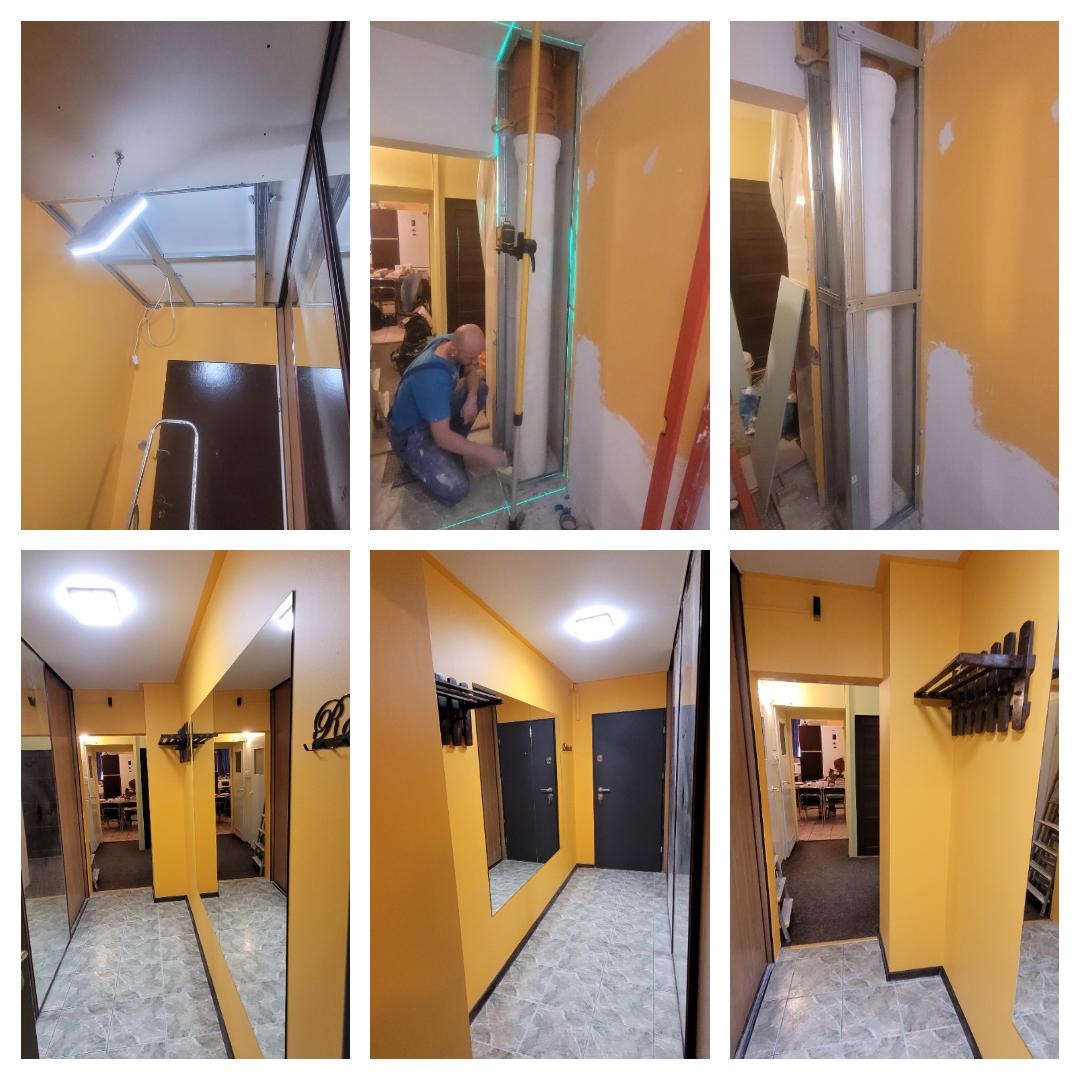 Korytarz w trakcie prac wykończeniowych: montaż stelaża pod zabudowę, częściowo pomalowane ściany na żółto, widoczny pracownik poziomujący ścianę laserem, ujęcie z różnych perspektyw.