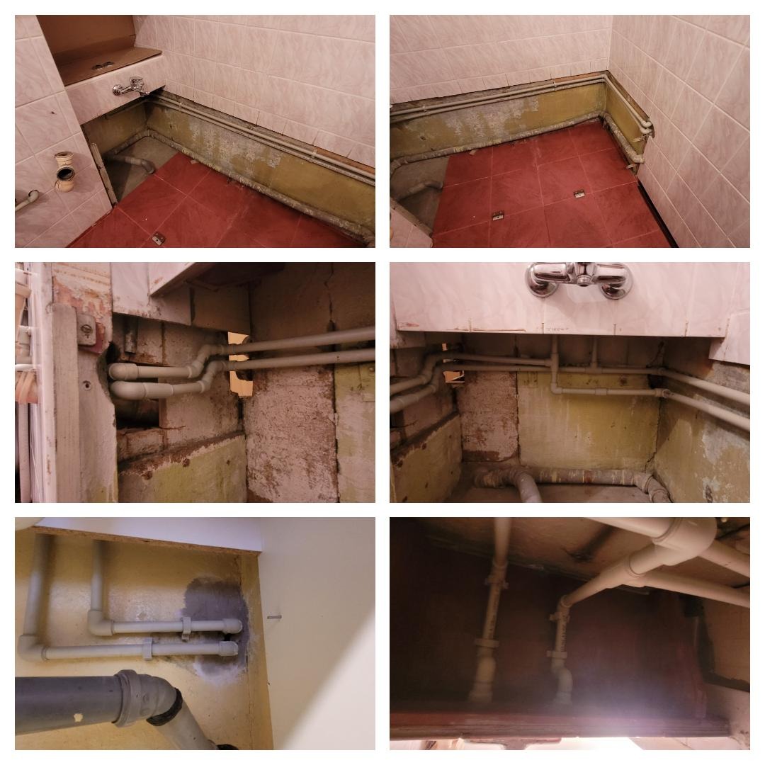 Wnętrze łazienki w trakcie remontu, widoczne odsłonięte rury instalacji wodno-kanalizacyjnej, stara glazura i fragmenty ścian przygotowane do dalszych prac wykończeniowych.