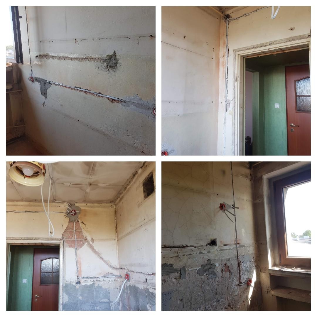 Cztery kadry z remontowanego pomieszczenia: widoczne przewody elektryczne w ścianach, częściowo zakryte zaprawą, puszki instalacyjne, surowe ściany, fragment drzwi i okna.