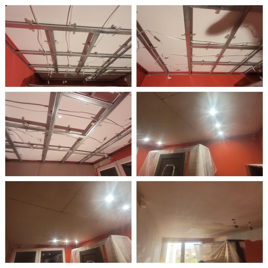 Sufit podwieszany z płyt kartonowo-gipsowych w trakcie montażu, widoczne metalowe profile, kable elektryczne i wstępnie zamontowane płyty. Część sufitu już wykończona, z zamontowanymi punktowymi...