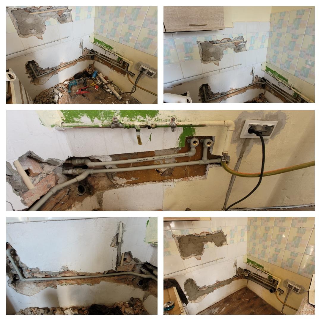 Fragment ściany w kuchni w trakcie prac instalacyjnych: odsłonięte rury wodne i elektryczne, widoczne uszkodzenia ścian i płytek, gniazdko elektryczne z podłączonym przewodem.