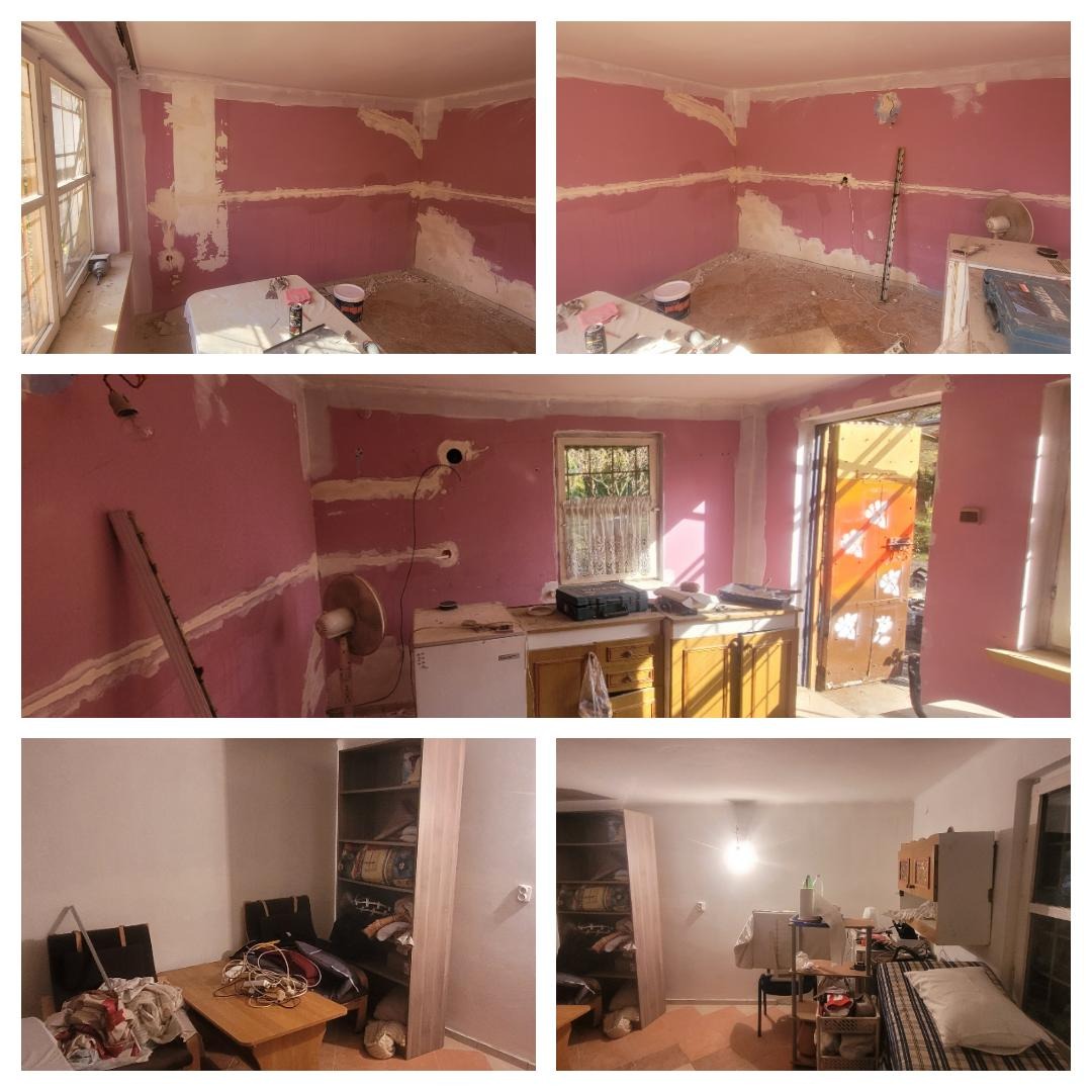 Kolaż zdjęć przedstawiający wnętrze w trakcie prac wykończeniowych: ściany z widocznymi śladami przygotowania pod malowanie, częściowo zagruntowane, z widocznymi przewodami elektrycznymi,...