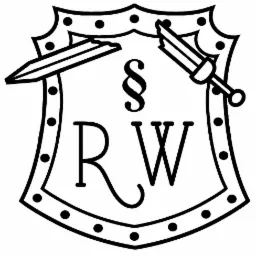 Stylizowany herb z paragrafem, dwoma mieczami i inicjałami RW, czarno-biała grafika.