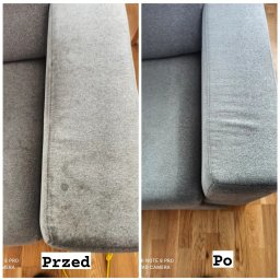 Wyszorowanii - pranie tapicerki i wykładzin - Porównanie: fragment szarej kanapy z widocznymi plamami (przed) i ten sam fragment po czyszczeniu (po), ukazujący efekt usługi.