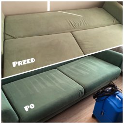 Wyszorowanii - pranie tapicerki i wykładzin - Zdjęcie 'przed i po' przedstawia zieloną kanapę z widocznymi plamami w górnej części i świeżo wyczyszczoną w dolnej części, z niebieskim urządzeniem do czyszczenia tapicerki widocznym w prawym...