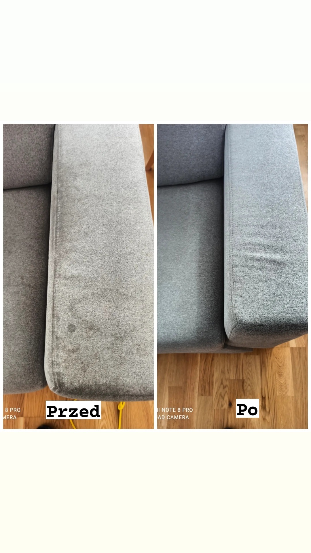 Porównanie: fragment szarej kanapy z widocznymi plamami (przed) i ten sam fragment po czyszczeniu (po), ukazujący efekt usługi.