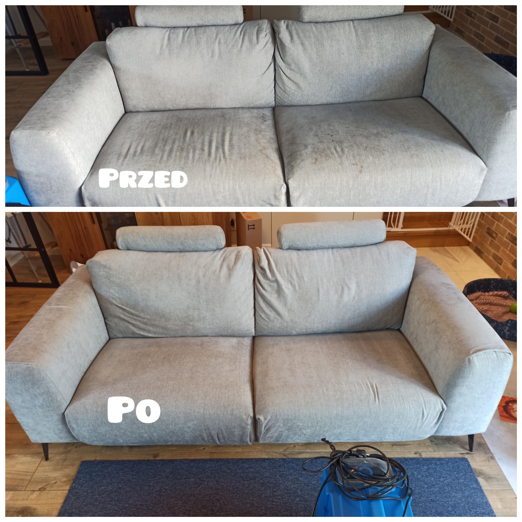 Szara kanapa z zagłówkami w dwóch ujęciach: 'przed' z widocznymi zabrudzeniami i 'po' kompleksowym czyszczeniu, wykonanym w Wołominie. Na dolnym zdjęciu widoczny sprzęt czyszczący.