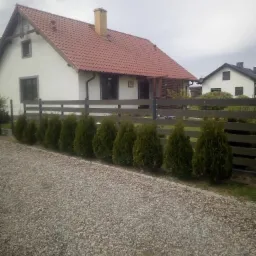 Nowoczesny dom jednorodzinny z brązowym dachem i drewnianym ogrodzeniem, ozdobiony rzędem małych, zadbanych tuj, wyłożony szarym żwirem.