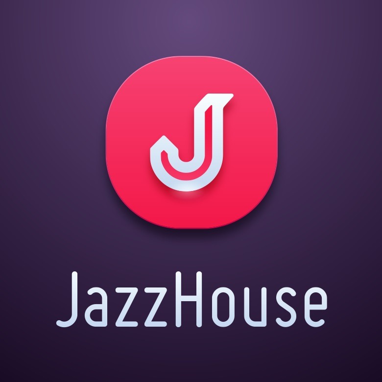 Logo JazzHouse: Stylizowana litera 'J' w białym obrysie, umieszczona na czerwonym okręgu, z nazwą firmy 'JazzHouse' poniżej, na fioletowym tle.