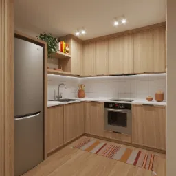 Jasna kuchnia w stylu skandynawskim z drewnianymi szafkami, białymi płytkami na ścianie, srebrną lodówką LG i wzorzystym dywanikiem w odcieniach czerwieni i beżu na podłodze.