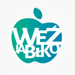 Grafika przedstawia stylizowane jabłko w odcieniach zieleni i błękitu, wewnątrz którego umieszczono biały napis 'WEŹ JABŁKO'.