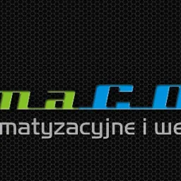 Logo Climacool.pl z zielono-niebieskim napisem na czarnym tle o strukturze plastra miodu, informujące o systemach klimatyzacyjnych i wentylacyjnych.