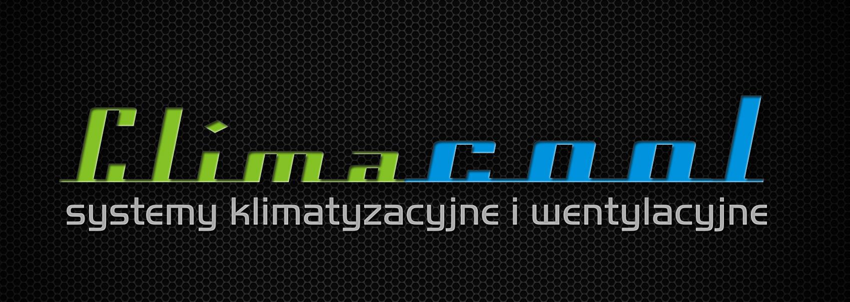 Logo Climacool.pl z zielono-niebieskim napisem na czarnym tle o strukturze plastra miodu, informujące o systemach klimatyzacyjnych i wentylacyjnych.