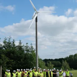 Grupa osób w odblaskowych kamizelkach i kaskach pozuje na tle turbiny wiatrowej przy słonecznej pogodzie.