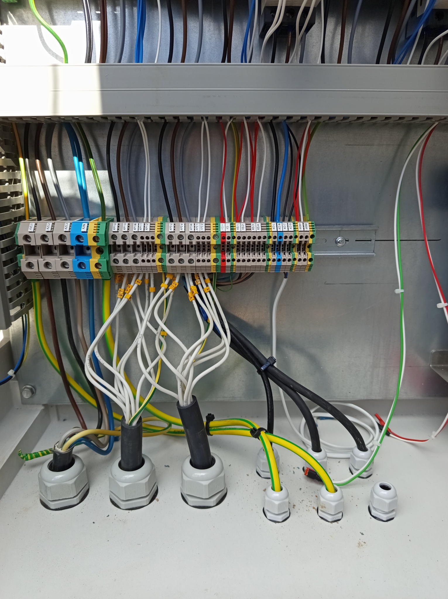 Rozdzielnica elektryczna z widocznymi przewodami o różnych kolorach podłączonymi do listew zaciskowych, z dławikami kablowymi u dołu obudowy.