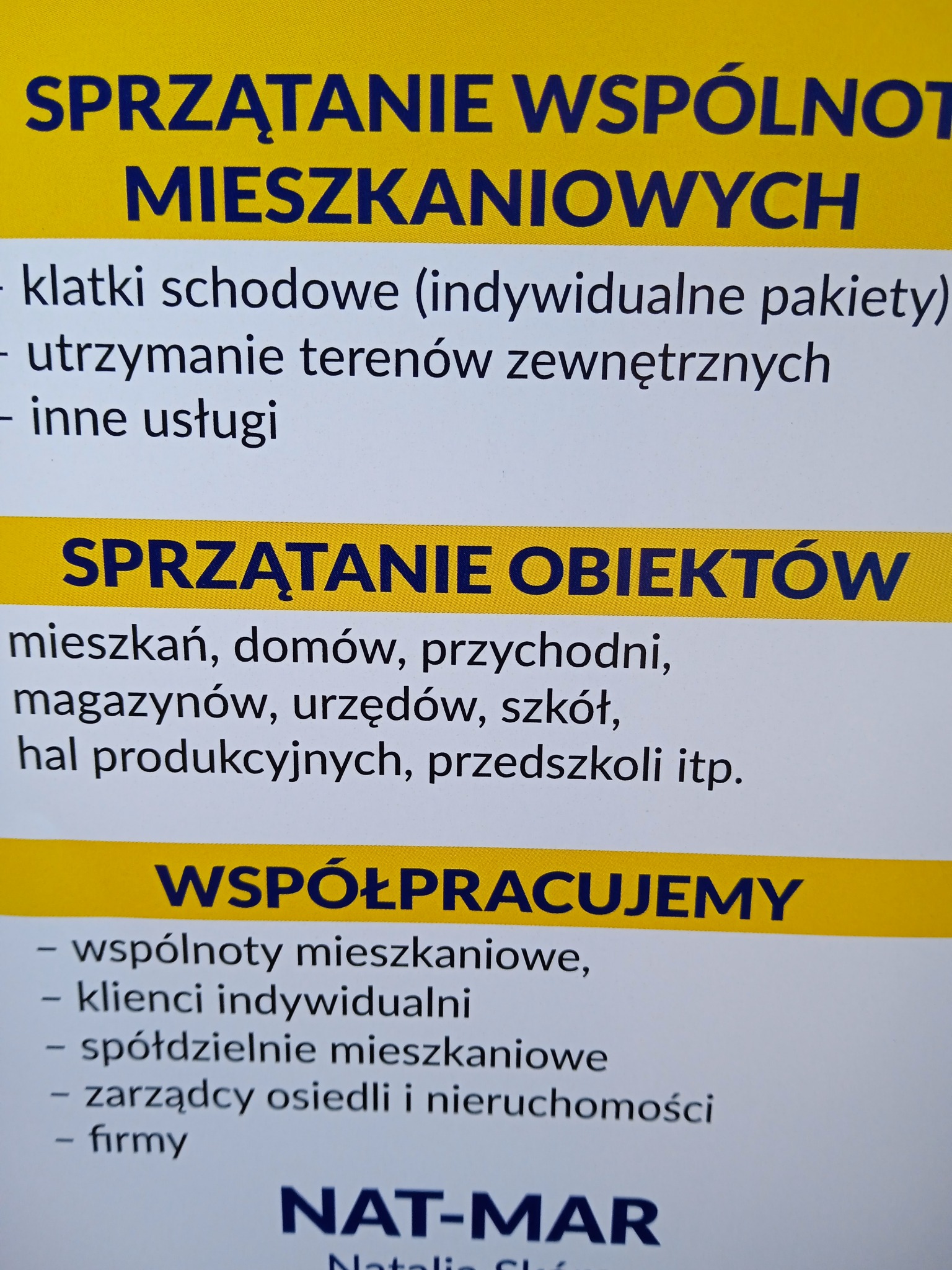 Ogłoszenie firmy NAT-MAR z Niestępowo oferującej sprzątanie wspólnot mieszkaniowych, obiektów, w tym klatek schodowych, domów, urzędów i hal produkcyjnych.