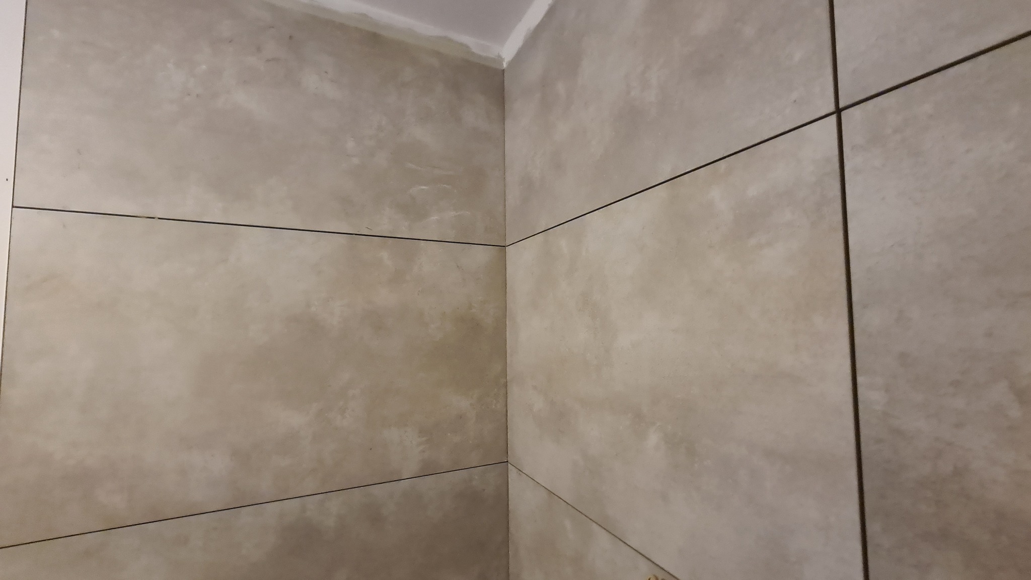 Ściana wyłożona beżowymi płytkami w dużym formacie z ciemnymi fugami, widoczny narożnik i fragment sufitu.