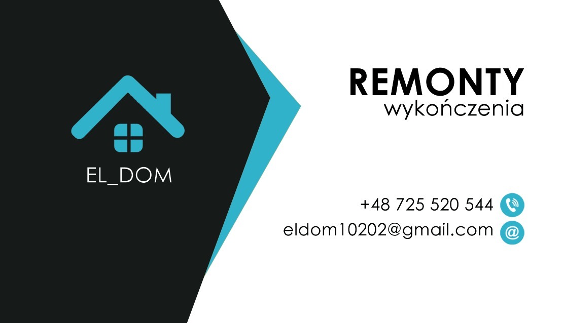 Wizytówka firmy EL_DOM oferującej remonty i wykończenia, z niebieskim logo domu i danymi kontaktowymi.