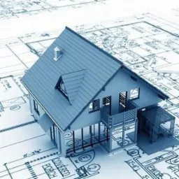 Model domu 3D w kolorze niebieskim, umieszczony na planie architektonicznym z detalami technicznymi, ukazujący wizualizację projektu.