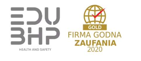 Logo firmy EDU BHP Health and Safety oraz certyfikat Firma Godna Zaufania Gold 2020 z globusem i czerwonym znakiem akceptacji.