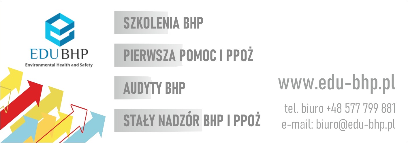 Grafika reklamowa firmy EDU BHP z logo, strzałkami w kolorach czerwonym, żółtym i niebieskim oraz ofertą szkoleń, audytów i nadzoru BHP i PPOŻ, wraz z adresem strony internetowej i danymi...