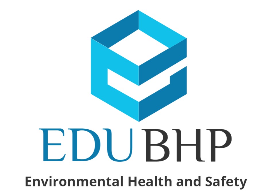 Logo firmy EDU BHP z niebieskim abstrakcyjnym symbolem sześcianu i tekstem Environmental Health and Safety.