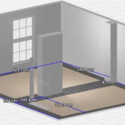 Wizualizacja 3D łazienki z wymiarami ścian, okna i podłogi, prezentująca projekt wnętrza.