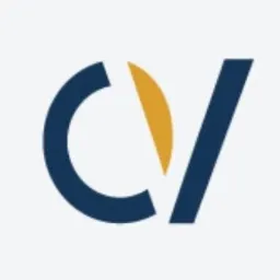 Abstrakcyjne logo firmy: ciemnoniebieska litera 'C' z wyciętym złotym elementem w kształcie łzy i ciemnoniebieska ukośna kreska symbolizująca literę 'V' na jasnym tle.