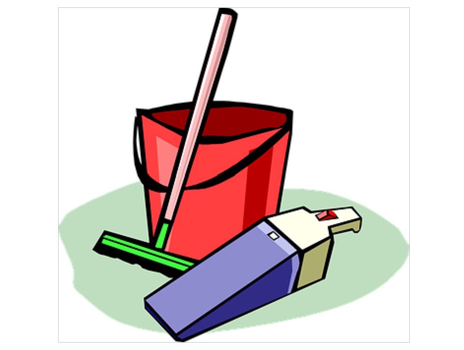 Ilustracja przedstawia zestaw do sprzątania: czerwone wiadro z mopem, zieloną ściągaczkę do wody oraz fioletowy odkurzacz ręczny na jasnym tle.