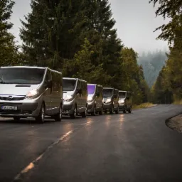 Szereg srebrnych vanów Opel Vivaro, jeden z fioletową szybą, jadących po mokrej, krętej drodze przez las w pochmurny dzień.