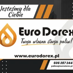 Grafika reklamowa firmy Euro Dorex z logotypem w kształcie kropli, tekstem 'Twoja własna stacja paliw!' oraz danymi kontaktowymi: adresem strony internetowej i numerem telefonu.