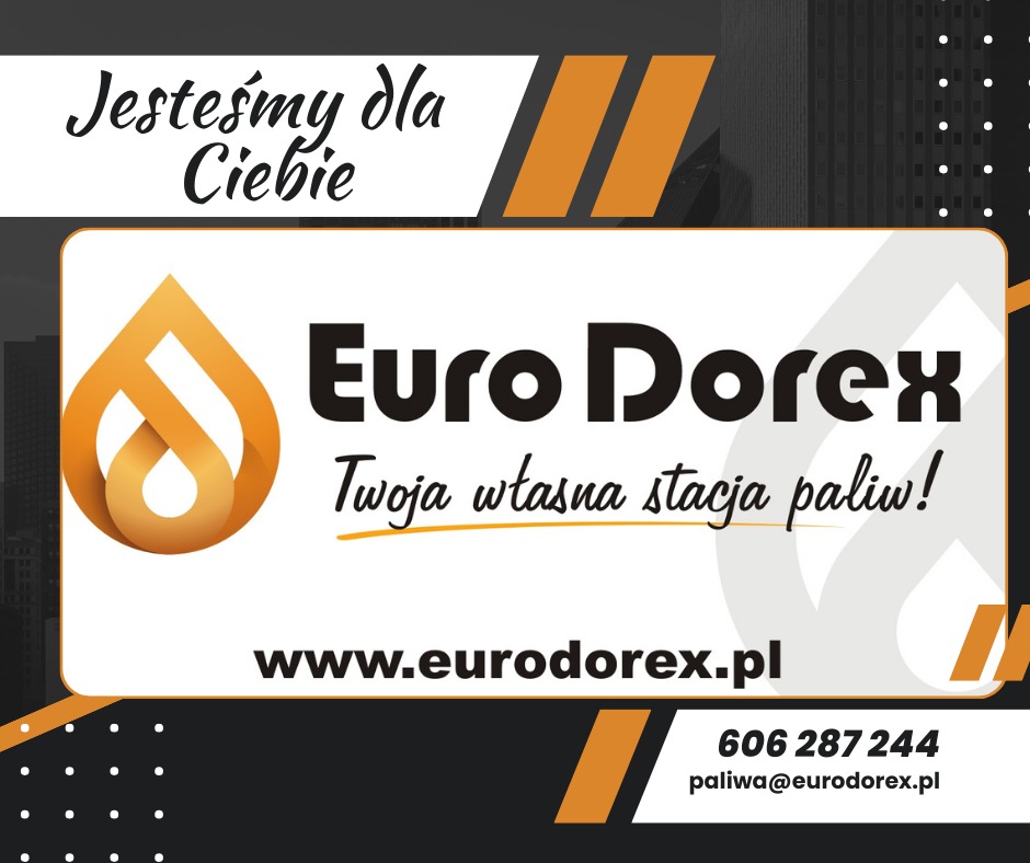Grafika reklamowa firmy Euro Dorex z logotypem w kształcie kropli, tekstem 'Twoja własna stacja paliw!' oraz danymi kontaktowymi: adresem strony internetowej i numerem telefonu.