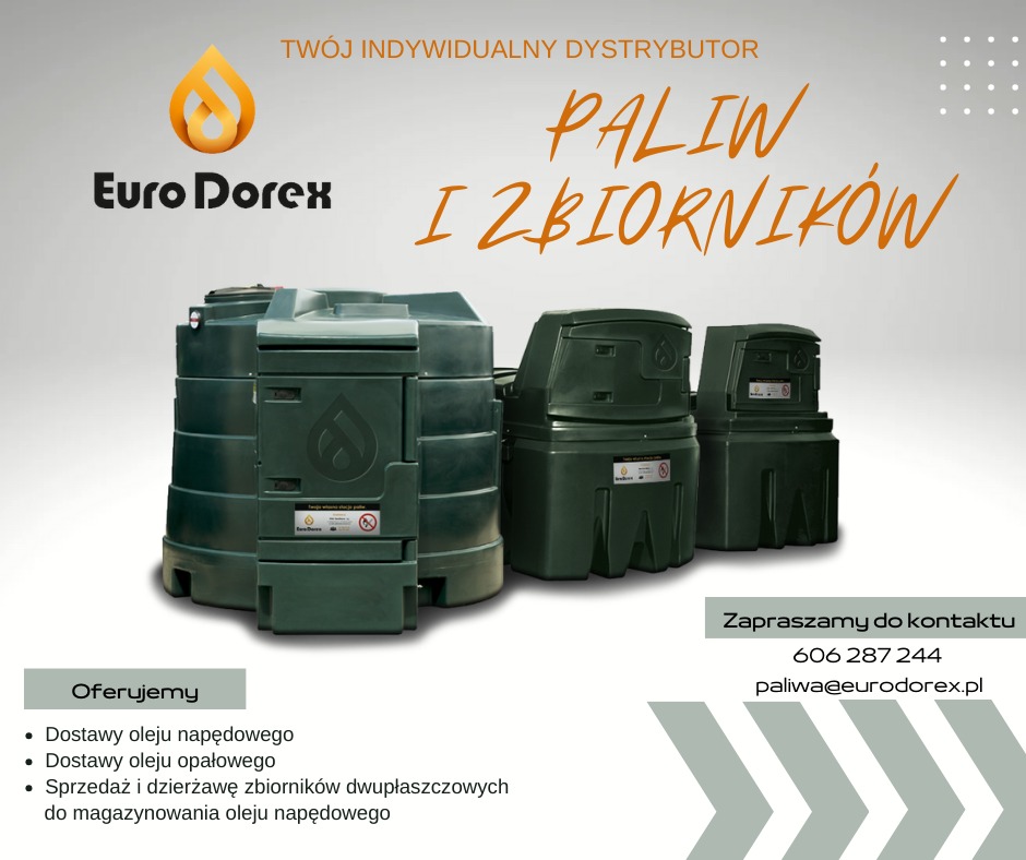 Zielone zbiorniki dwupłaszczowe na paliwa płynne, logo Euro Dorex, oferta dostawy i sprzedaży zbiorników.