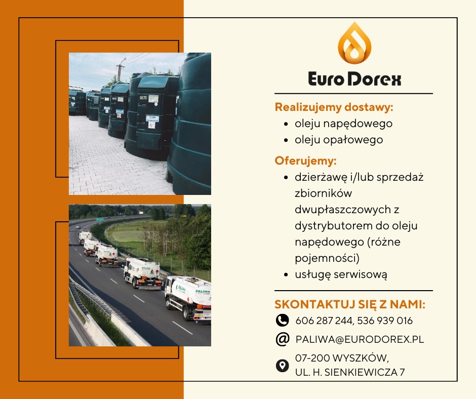 Reklama firmy Euro Dorex z rzędem zielonych zbiorników na płyny i konwojem cystern na drodze ekspresowej.