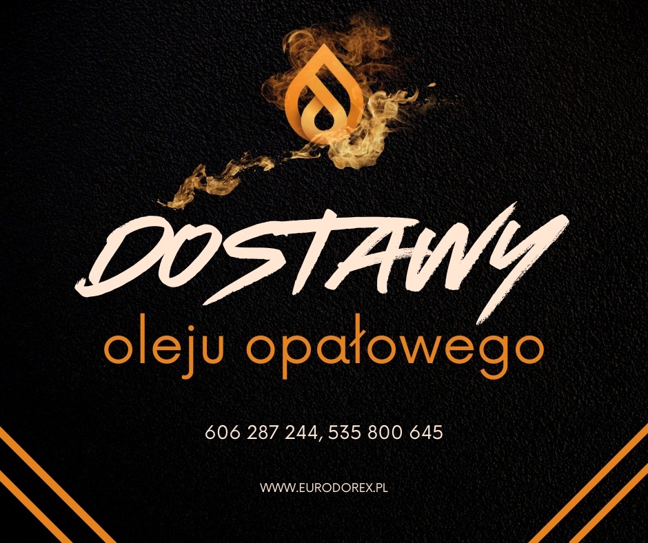 Grafika reklamowa z napisem 'DOSTAWY oleju opałowego', logo firmy w kształcie płomienia i danymi kontaktowymi na teksturowanym czarnym tle.