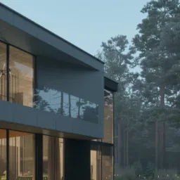 Nowoczesny dom z betonu architektonicznego i dużymi przeszkleniami, widok z zewnątrz na taras z basenem i las w tle o zmierzchu.