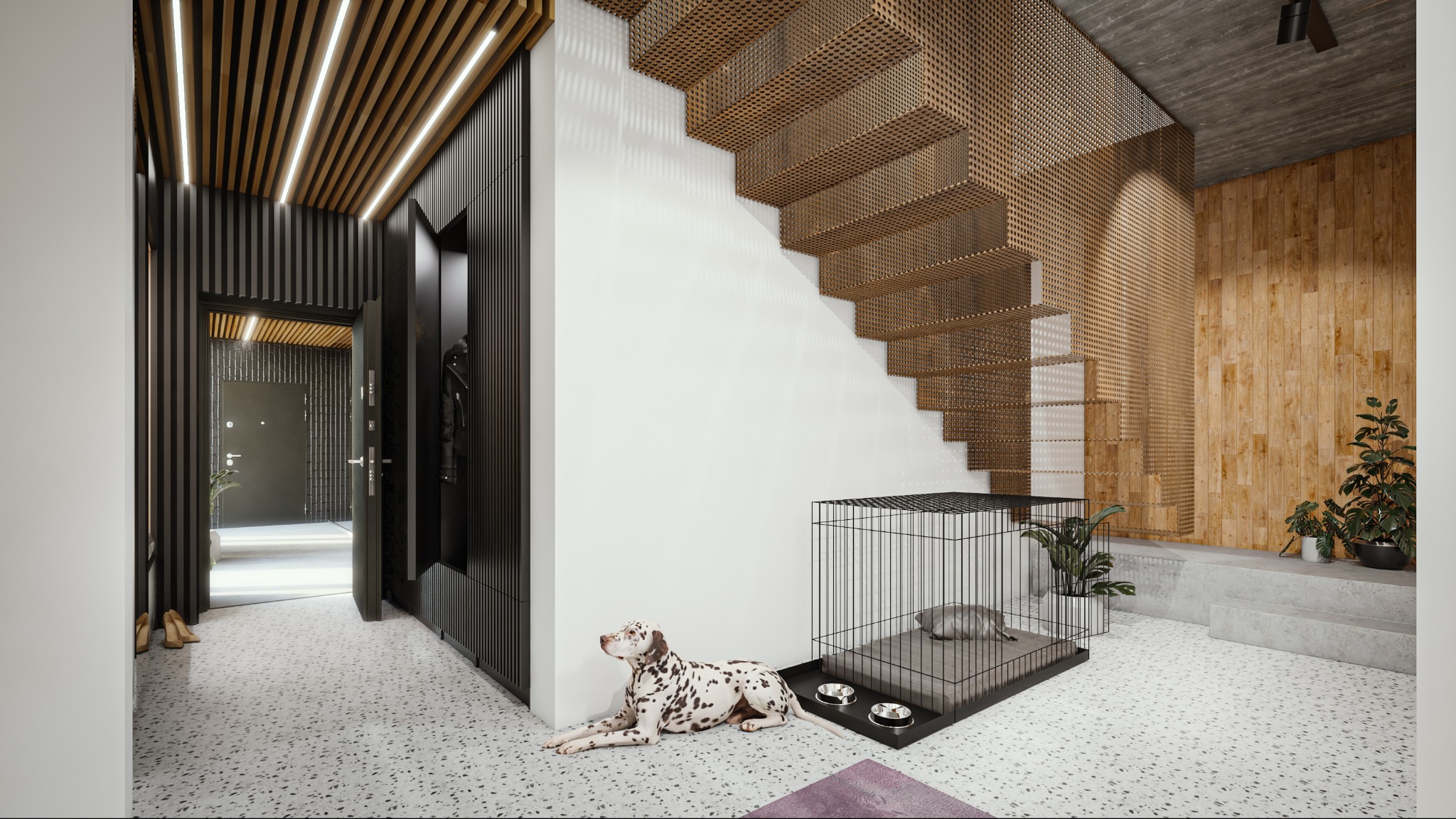 Nowoczesny przedpokój z ażurowymi schodami, czarnymi lamelami, szafą w zabudowie i psem rasy dalmatyńczyk leżącym obok klatki dla zwierząt.
