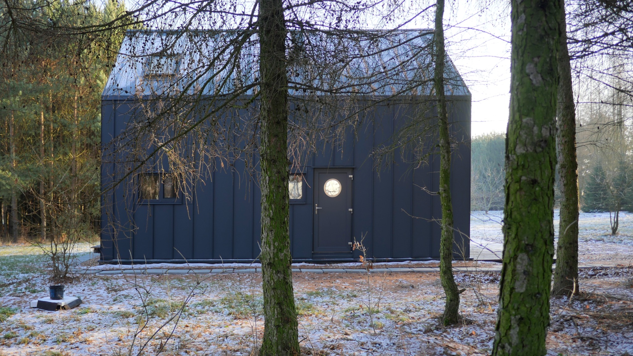Nowoczesny, ciemnoszary dom o prostej bryle z metalowym dachem, widoczny przez drzewa w zimowym krajobrazie, okrągłe okno w drzwiach wejściowych.