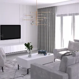 Nowoczesny salon w odcieniach szarości z telewizorem, sofą, fotelem i geometryczną lampą wiszącą; na stoliku kawowym szklany wazon z zieloną rośliną i stos książek.