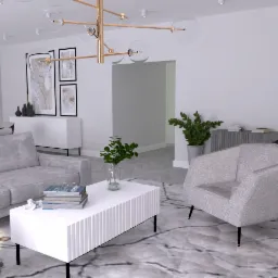 Jasne, przestronne wnętrze salonu z szarą sofą, białym stolikiem kawowym z książkami i roślinami, oraz fotel w odcieniach szarości, podłoga marmurowa, oświetlenie sufitowe w kolorze złota.