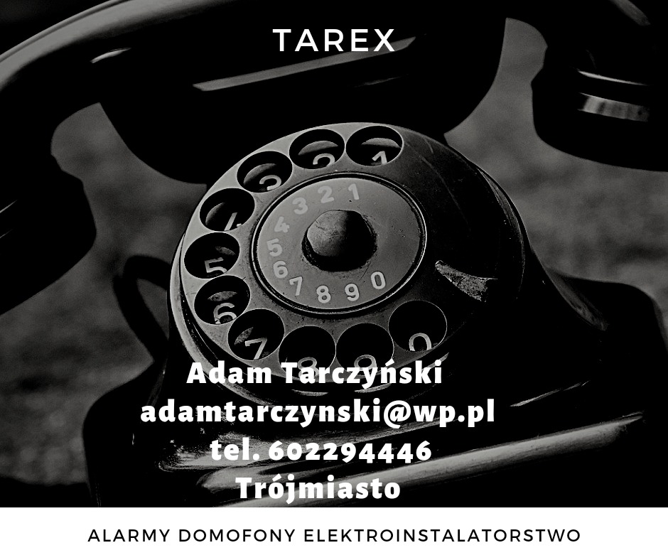 Czarno-białe zbliżenie na stary telefon stacjonarny z tarczą numeryczną, nakładający się na dane kontaktowe firmy: nazwa, adres e-mail, numer telefonu i lokalizacja Trójmiasto, z dopiskiem na dole:...