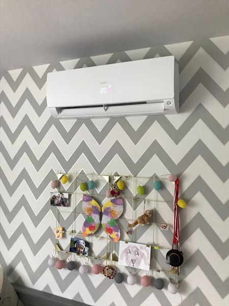 Biała klimatyzacja ścienna zamontowana w pokoju dziecięcym z tapetą w szare zygzaki, pod nią siatka z dziecięcymi rysunkami i ozdobami.