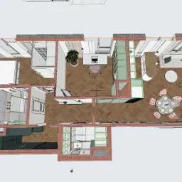 Model 3D mieszkania z góry, ukazujący układ pomieszczeń: sypialnia z okrągłym łóżkiem, łazienka, gabinet z biurkiem i regałami, kuchnia oraz salon z jadalnią i wyjściem na balkon.