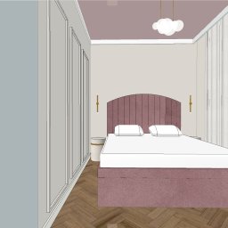WESDOM - Projektowanie wnętrz mieszkalnych i użyteczności publicznej - Wizualizacja 3D sypialni z łóżkiem z bordowym wezgłowiem, parkietem w jodełkę, lampą w kształcie chmury i oświetleniem ściennym, prezentowana w fazie koncepcyjnej.