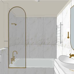 WESDOM - Projektowanie wnętrz mieszkalnych i użyteczności publicznej - Wizualizacja 3D łazienki w odcieniach bieli i złota, z wanną za szklaną ścianką, owalnym lustrem i umywalką na blacie z marmuru.