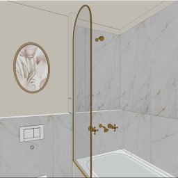 WESDOM - Projektowanie wnętrz mieszkalnych i użyteczności publicznej - Wizualizacja łazienki z wanną, szklanym parawanem nawannowym w złotej ramie, armaturą w kolorze złota i okrągłym obrazem z motywem roślinnym.